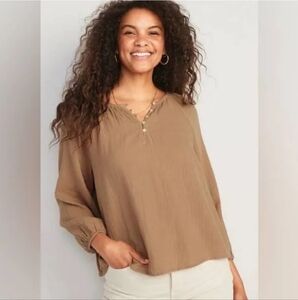 NWT, Shirred Double-Weave Long-Sleeve Blouse for Women, tan, size L